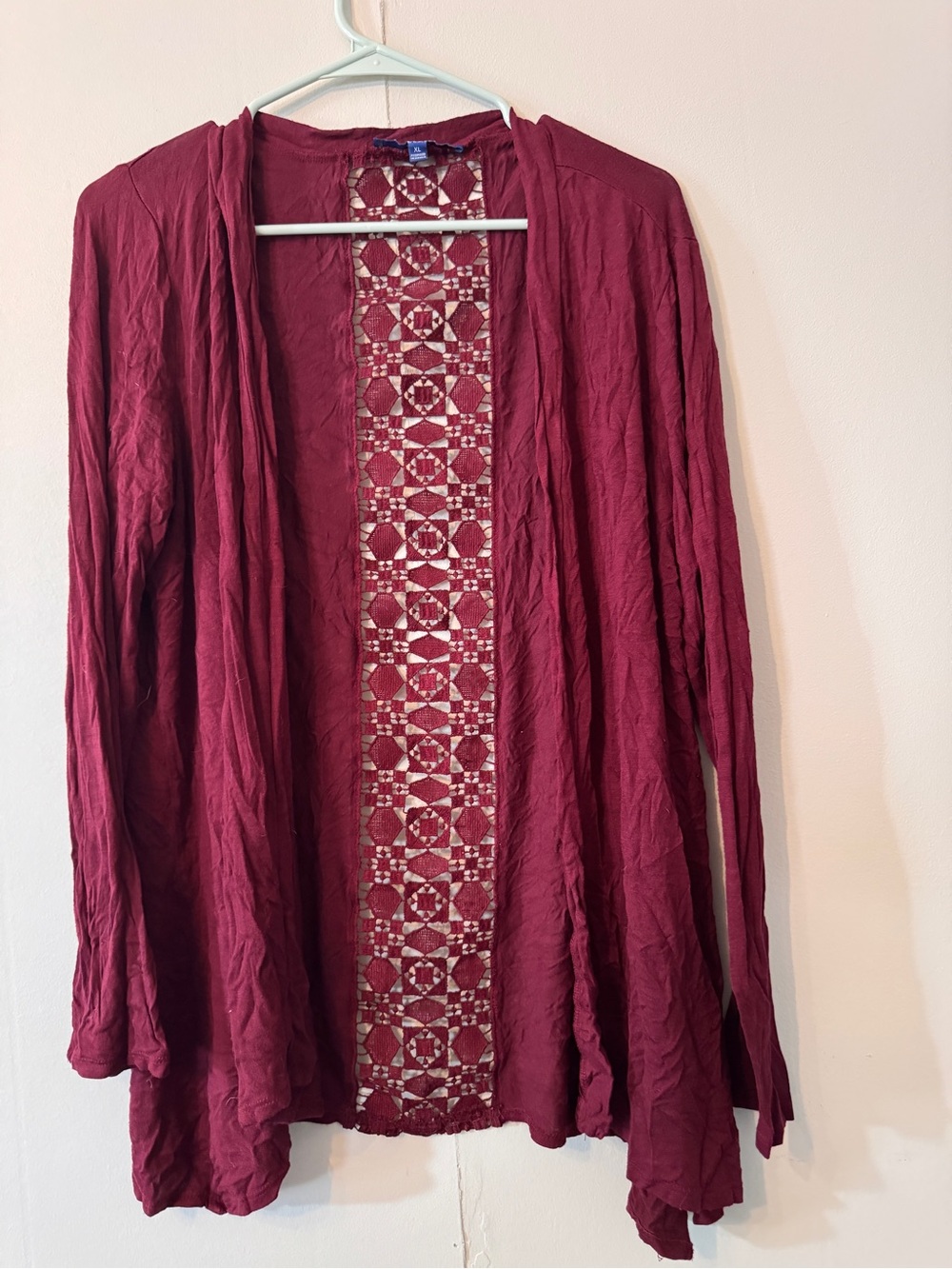 Women's Open Front Lace-Back Cardigan - Wine, XL